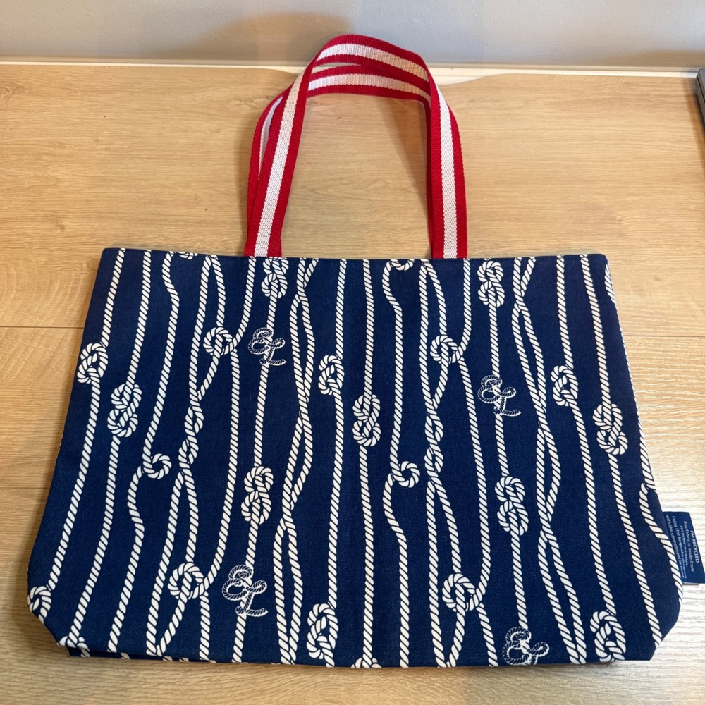 Nautical Rope Print Canvas Tote Bag Navy Blue Red Striped Handles Recycled